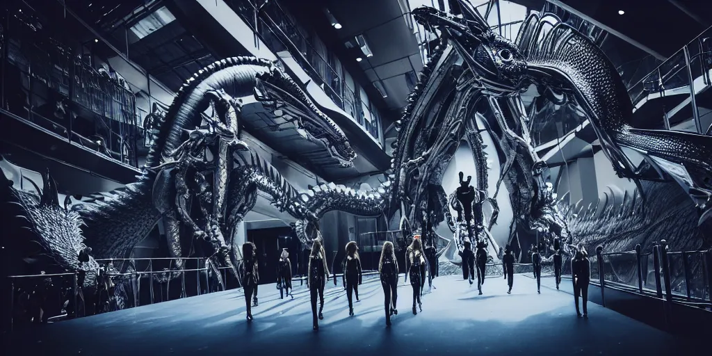 Prompt: star base, walking down the catwalk, stage, vogue photo, podium, fashion show photo, iris van herpen, inflateble shapes, masterpiece, guyver, giger, biomechanical details, denis villeneuve, legendary dragon, movie still, cinestill, bokeh, artstation