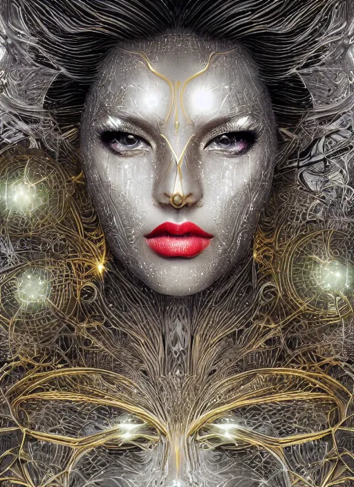 Image similar to glowing silver and golden elements, full close-up portrait, vector dark witch from unsplash, book cover, green forest, white moon, red lips, establishing shot, extremly high detail, photo-realistic, cinematic lighting, pen and ink, intricate line drawings, by Yoshitaka Amano, Ruan Jia, Kentaro Miura, Artgerm, post processed, concept art, artstation, matte painting, style by eddie mendoza, raphael lacoste, alex ross