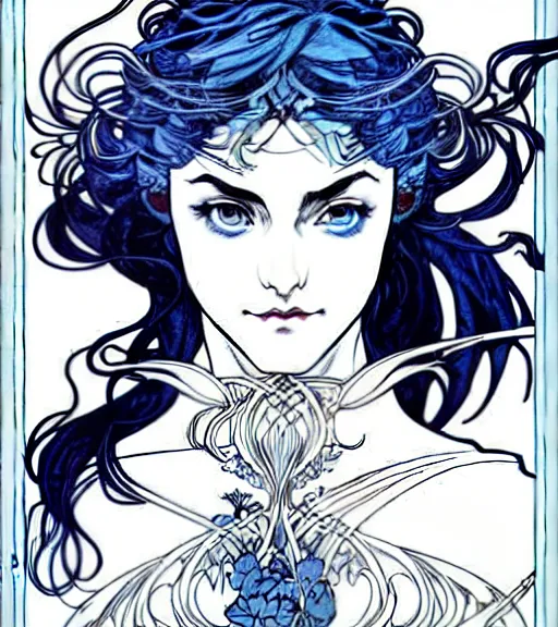 Image similar to in the style of artgerm, arthur rackham, alphonse mucha, phoebe tonkin, symmetrical eyes, symmetrical face, flowing blue skirt, hair blowing, full body, intricate filagree, hidden hands, warm colors, cool offset colors