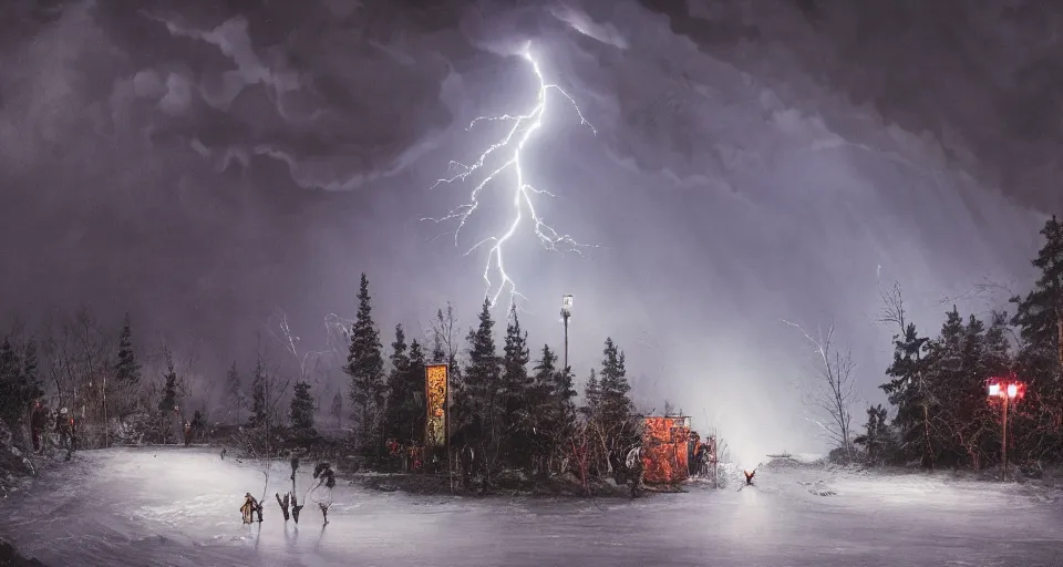 Image similar to slipknot concert, snowy, windy, by eugene von guerard, ivan shishkin, night, lightning!!, storm!, dramatic lighting, concept art, trending on artstation, 8 k