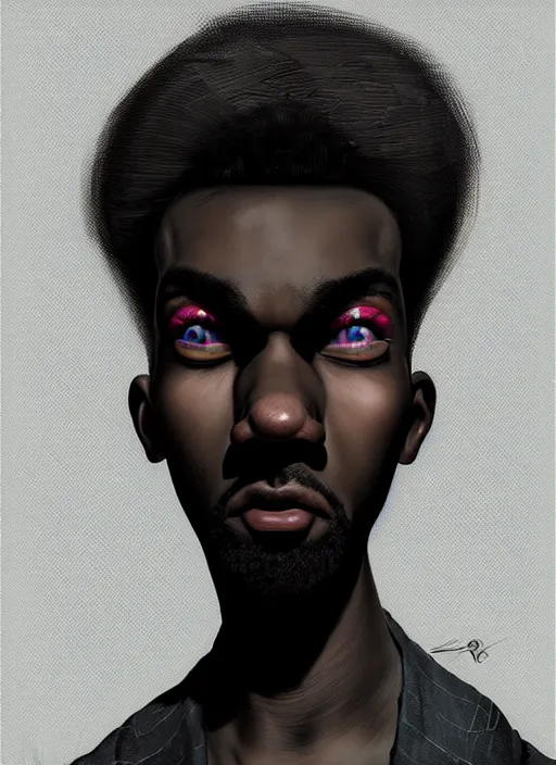 Image similar to portrait of a wide faced black man with a crooked nose and a confident expression, 1 9 6 0 s, black clothes, goth, punk, brightly coloured hair, funk, intricate, elegant, highly detailed, digital painting, artstation, concept art, smooth, sharp focus, illustration, art by wlop, mars ravelo and greg rutkowski