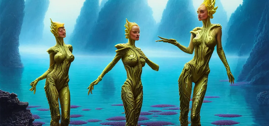 Image similar to beautiful alien women wearing ornate plastic armor bathing in a luminous lake in the style of roger dean and alberto vargas and stefan kostic, realistic, photoreal, sharp focus, 8 k high definition, insanely detailed, intricate, elegant, art by greg rutkowski and artgerm, extreme blur coral reef background