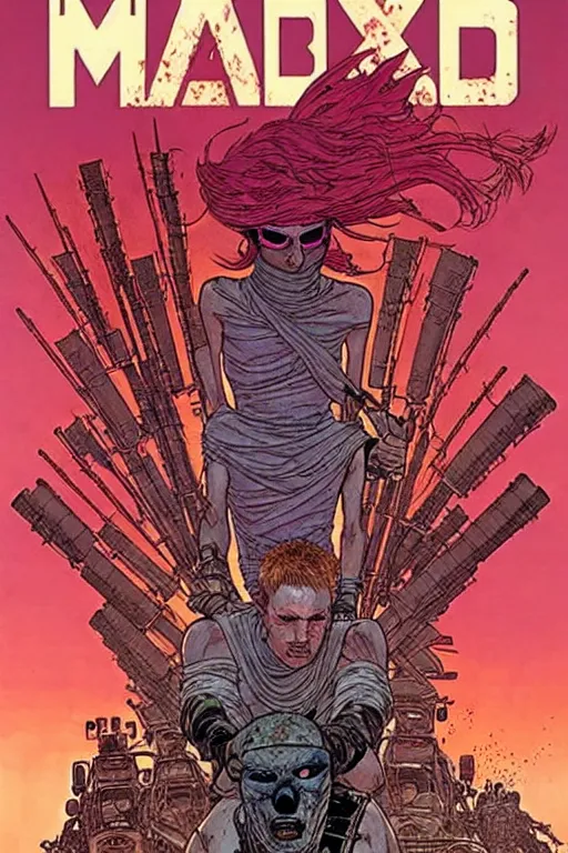 Image similar to ( ( ( ( ( madmax fury road cover art. muted colors. ) ) ) ) ) by mœbius!!!!!!!!!!!!!!!!!!!!!!!!!!!