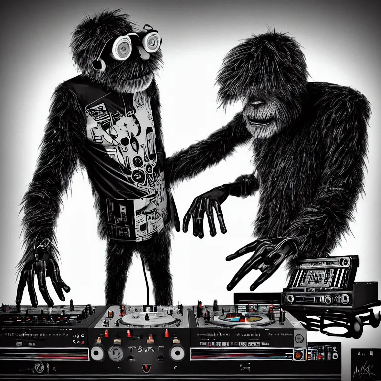 Image similar to a photograph portrait of an anthropomorphic cyberpunk bigfoot dj at the turntables spinning records, detailed render, tape deck, boombox, headphones, epic composition, cybernetics, 4 k realistic, cryengine, realistic shaded lighting, sharp focus, masterpiece, by matteo scalera, gary montalbano, peter elson in the style of the tokyo ghost comic