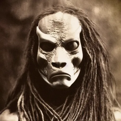 Image similar to photograph of yautja ( predator ) by edwardian, male, 1 9 0 0 s, 1 9 1 0 s, grainy, slightly blurry, faded, realistic face