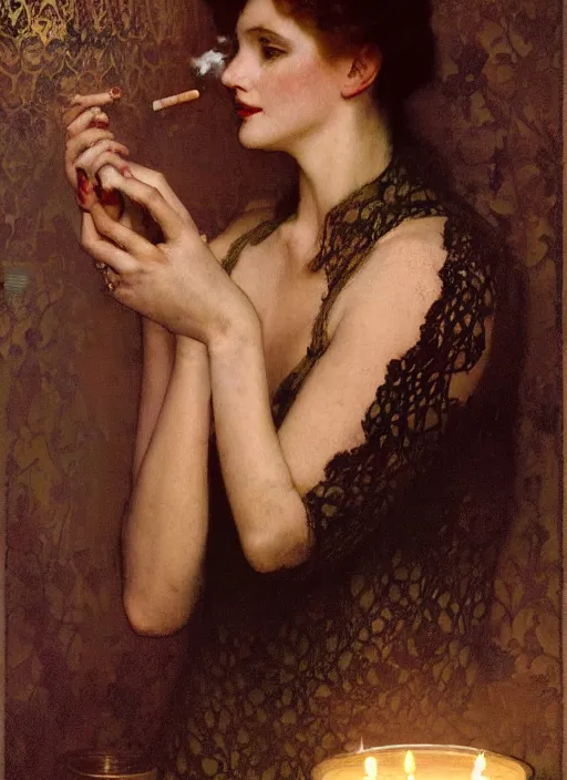 Prompt: a romantic photo of a woman in a dark room wearing lace smoking a cigarette advertisement photography by mucha, nick alm, norman rockwell, greg rutkowski, greg manchess, ethereal, dark, candlelight, pagan, extremely coherent, sharp focus, elegant, sharp features, render, octane, detailed, award winning photography, masterpiece, rim lit