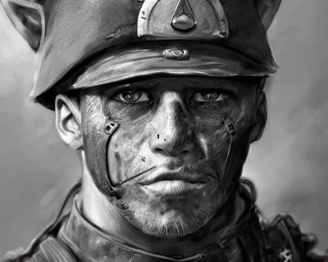 Image similar to A soldier cat warrior in world war one, close-up, realistic face, sharp facial features, mature facial features, black and white, amazing digital art, hyper detailed, artstation, in the style of Tony Sart