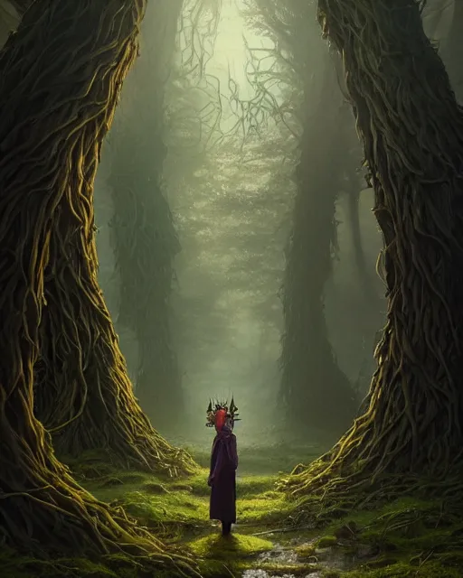 Image similar to highly detailed surreal vfx portrait of a cursed crown in a shadowy forest by a willow tree, stephen bliss, unreal engine, greg rutkowski, loish, rhads, beeple, makoto shinkai and lois van baarle, ilya kuvshinov, rossdraws, tom bagshaw, alphonse mucha, global illumination, detailed and intricate environment