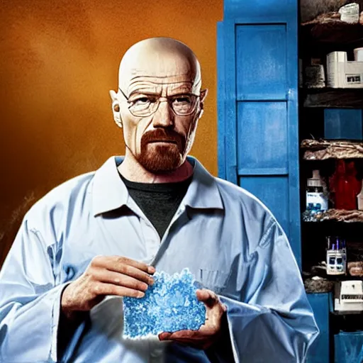 Image similar to walter white holding a ziplock full of blue meth at a favela, photo, 4k, photorealistic, hd