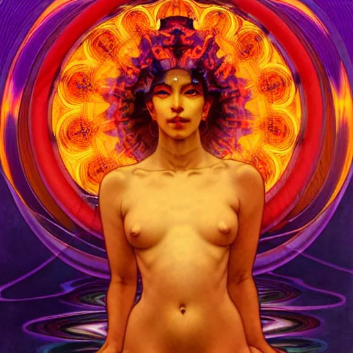 Image similar to transcendent bodhisattva mind bending psychedelic waves of glossy liquid honey flowing like kaleidoscopic translucent amber, lsd waves, honey ripples, enlightenment, high contrast lighting, refracted sunset, highly detailed, concept art, art by collier, albert aublet, krenz cushart, artem demura, alphonse mucha