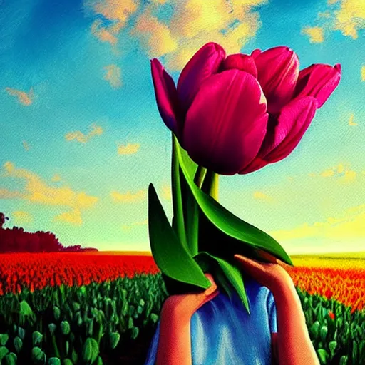 Image similar to girl with singular giant tulip as a head, surreal photography, flower field, sunset dramatic light, impressionist painting, colorful clouds, blue sky, digital painting, artstation, simon stalenhag