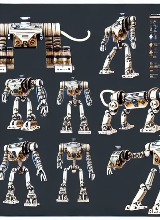 Image similar to very technical and detailed blueprint of a robot humanoid tiger, feline furry droid, center frame, side view intricate details, ultra - detailed, baroque style, illustration, desaturated, concept art, in the style of battletech, zoids, voltron