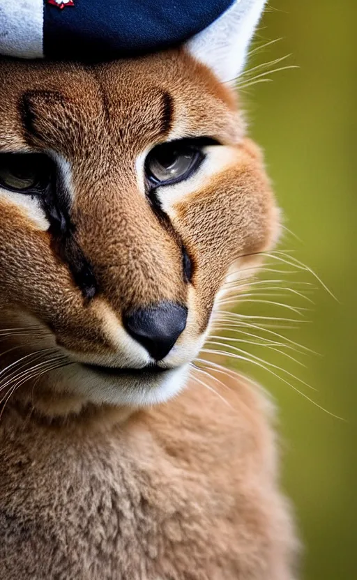 Prompt: portrait photo of cute fluffy caracal, with military hat, highly detailed, high resolution, cosplay photo, stunning, bokeh soft, 1 0 0 mm, trending on instagram, by professional photographer, soldier clothing, shot with a canon, low saturation