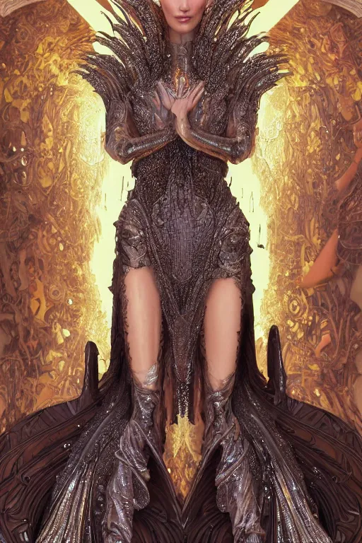 Image similar to a highly detailed portrait of a beautiful ancient alien techno woman goddess bella hadid in iris van herpen dress in diamonds and fractals in style of alphonse mucha art nuvo dmt trending on artstation made in unreal engine 4