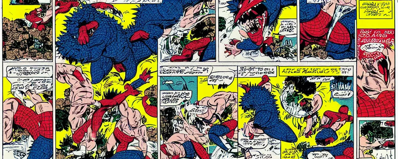 Image similar to godzilla slam dunking baskeball on shaq, marvel comic, 1 9 6 0's style, comic strip