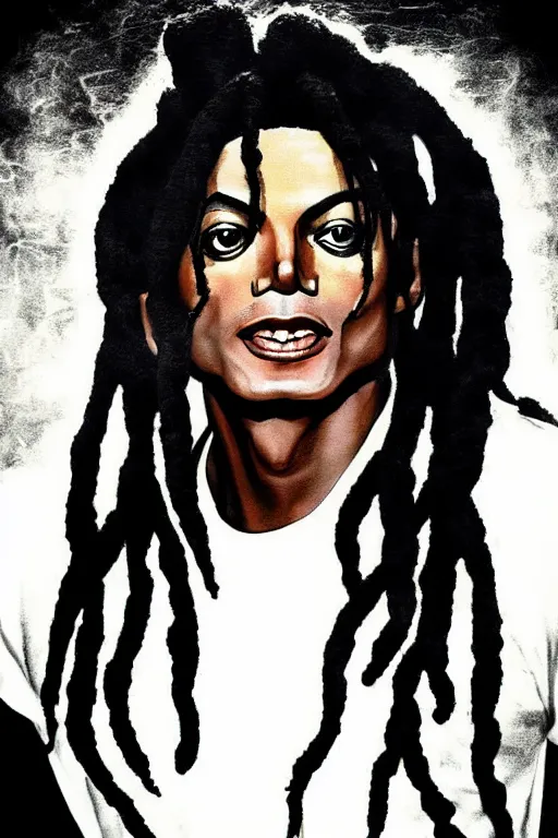 Image similar to michael jackson poster as a black rapper 1 9 7 0 s, dreadlocks, tattoos, dancing, poster tour, art work, ripped, 6 pack, rapping, grime, michael jackson, uhd, sharp, detailed, cinematic 4 k