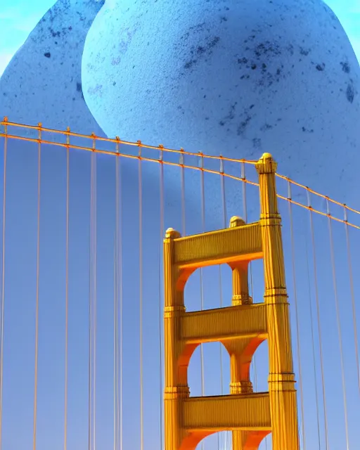 Image similar to scientifically realistic render scifi golden bridge to royal fortress stronghold temple carved out of marble skeleton and blue gems rendered in octane