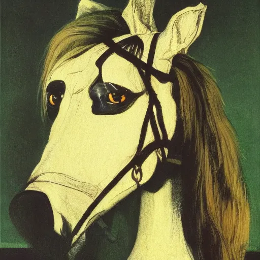 Prompt: portrait horse-face Nightmarish Horse Man Warlock the Bobby Fischer camouflaged as a Pony wearing a yellow hoodie eyvind earle greg rutkowski edgar degas andrew wyeth giorgio de chirico