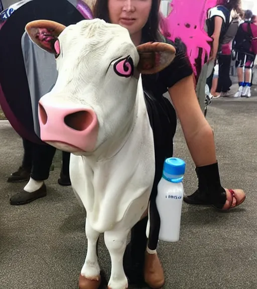 Prompt: A photo of a girl cosplaying as a cow terrified of bottled milk, extremely detailed