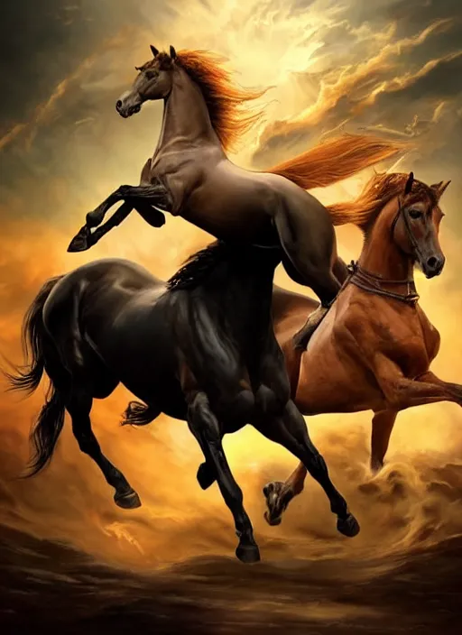 Image similar to the singular horseman of the apocalypse is riding a strong fierce ferocious black stallion, horse is up on its hind legs, the strong male rider is carrying the scales of justice, beautiful artwork by artgerm and rutkowski, breathtaking, beautifully lit, dramatic