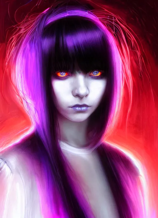 Image similar to hair whitebangs hair, black cyberlox, portrait of teenage girl with white bangs, whitebangsblackhair, messy bangs, cyberlox, whitebangs, red irises, purple clothes, intricate, elegant, glowing lights, highly detailed, digital painting, artstation, concept art, sharp focus, illustration, art by wlop, mars ravelo and greg rutkowski