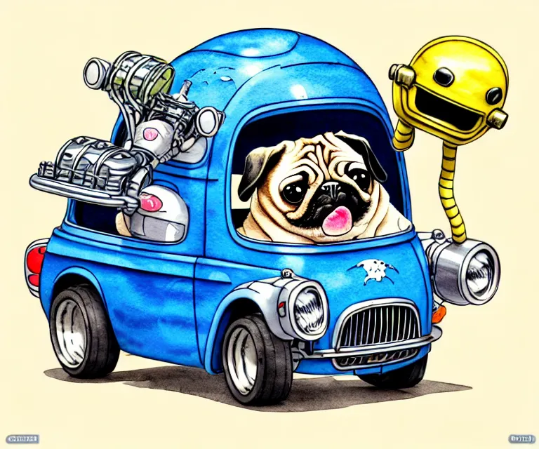 Image similar to cute and funny, pug wearing a helmet riding in a tiny hot rod with oversized engine, ratfink style by ed roth, centered award winning watercolor pen illustration, isometric illustration by chihiro iwasaki, edited by range murata, symmetrically isometrically centered