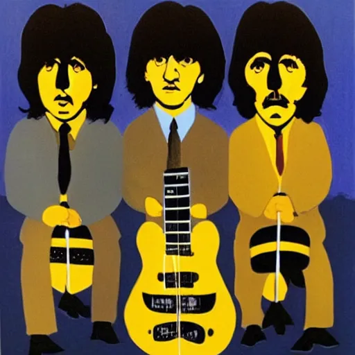 Image similar to portrait of The Beatles performing in studio except they are actual bees with faces like bees