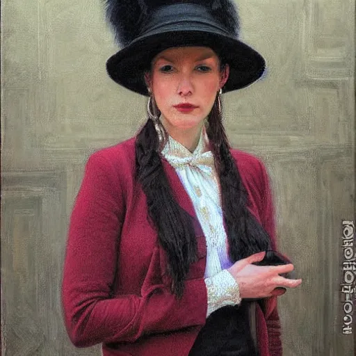 Prompt: portrait of a woman wearing a bowler hat, by donato giancola.