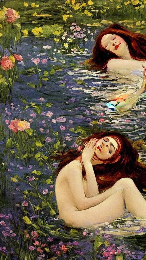 Prompt: prompt: beautiful girl sleeping in the lake with shining face painted by Valentin Serov, Ophelia painting inspired, intricate detailed oil painting, alchemical artifacts and hieroglyphs, magical items, gnarly paint marks