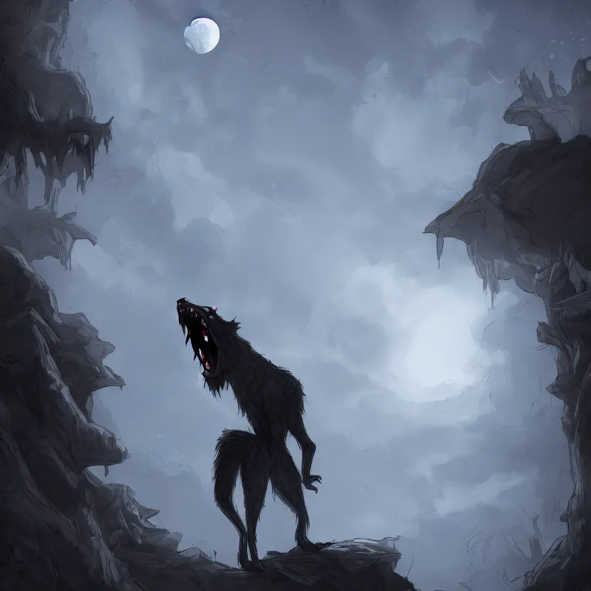 Prompt: a cartoony werewolf howling in a cliff at night, scary, eerie, artstation, digital art,