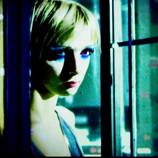 Prompt: worried, runaway beautiful replicant looking through the window in a dirty abandoned factory, short spiky blonde hair, cyberpunk outfit, still from closed circuit tv footage, high angle