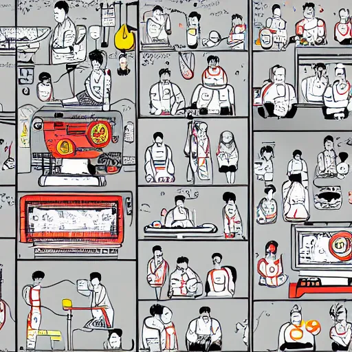 Image similar to chinese surgery operating table, in the style of daniel johnston and outsider art, 8k, line brush, minimal, overlaid with chinese adverts