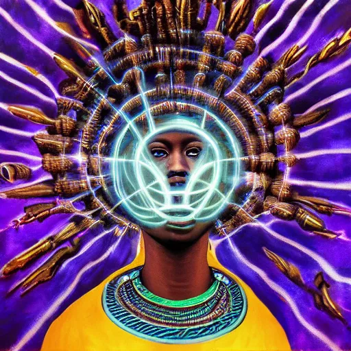 Image similar to afrofuturistic techno - mage uploading ancestral knowledge to the uni - mind interface, dark fantasy, occult, high - quality surrealist painting