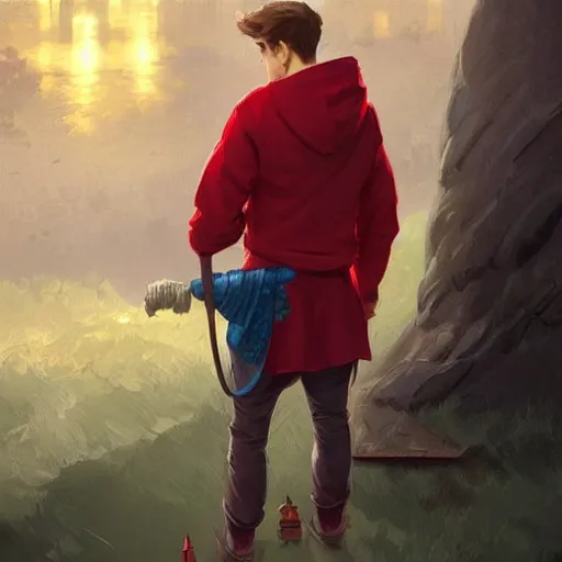 Prompt: a preppy magic student boy wearing a red hoodie, holding a small brass hand bell, d & d, fantasy, intricate, cinematic lighting, highly detailed, digital painting, artstation, concept art, smooth, sharp focus, illustration, art by artgerm and greg rutkowski and alphonse mucha
