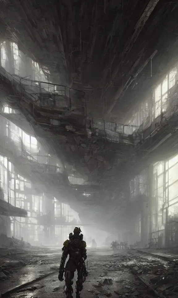 Prompt: Futuristic matte painting of a cyberpunk soldier walking through an abandoned foundry, volumetric light scattering, highly detailed, digital art, Andreas Rocha, Greg Rutkowski, Darek Zabrocki, ArtStation, CGSociety, Unreal Engine, 4K, 8K