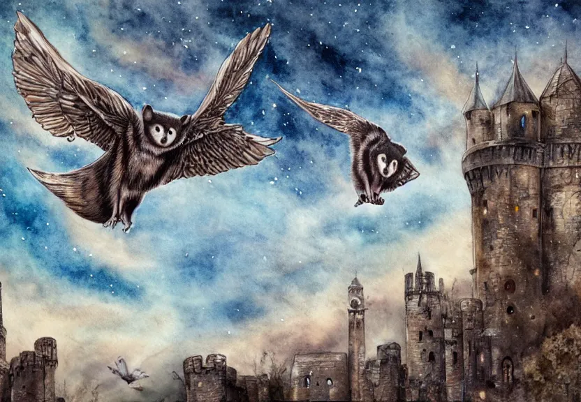 Image similar to gorgeous winged possum flying over a medieval castle under a dark starred sky, dark fantasy, watercolor, dreaming illusion, highly detailed, 4k, trending on Artstation, award-winning