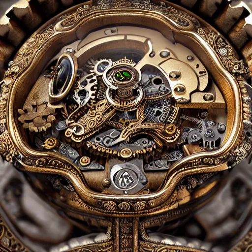 Image similar to A steampunk roaring tiger head made from ornate engraved full plate armor and watch gears and several jewels, macro shot by Justin Gerard, unreal engine, detailed, intricate, physically based rendering