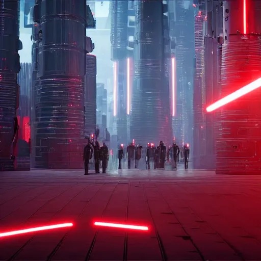 Prompt: photo of Darth vader walking in a futuristic city in a dystopian future made of electronic components and looks like a giant pcb board. Very detailed 8k. Unreal engine 5 render with nanite, global illumination and path tracing. Cinematic post processing. Emphasize on the colors black and red.