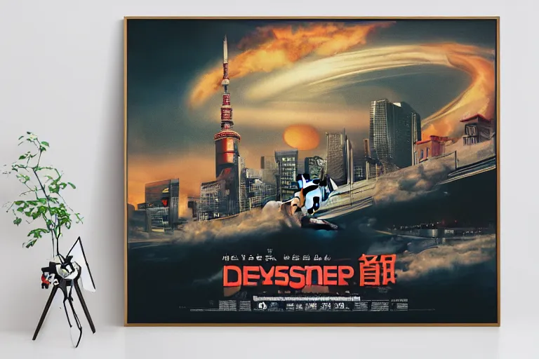 Image similar to cat attacking Tokyo, disaster movie poster, masterpiece, masterwork, cgstudio