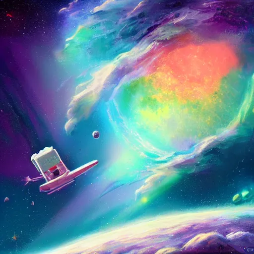 Image similar to a concept art painting of a space van flying in front of a nebula