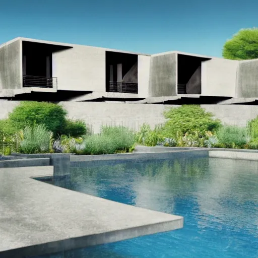 Image similar to architectural rendering of brutalism habitat 6 7 in the desert, biophilia style, pool, garden