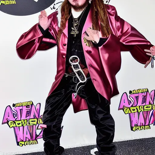 Image similar to full outfit photograph of post Malone cosplaying as astolfo,