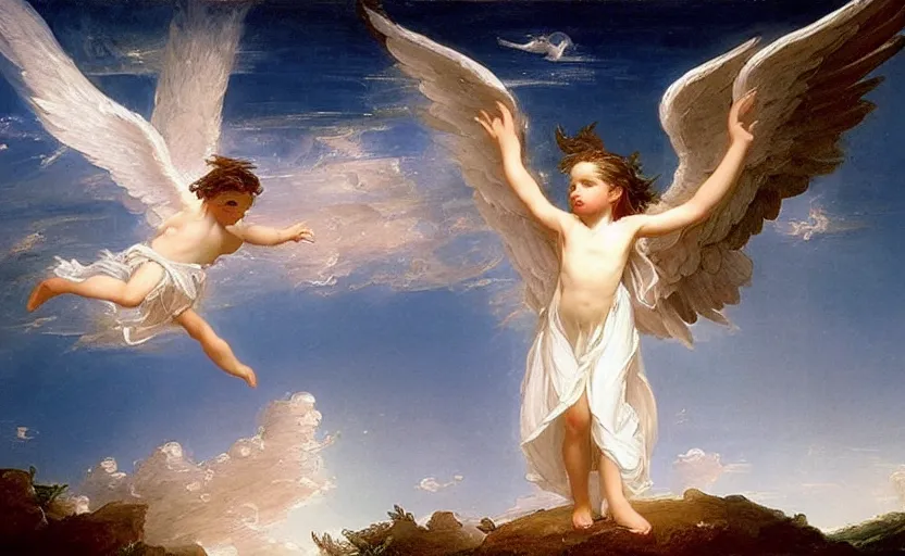 Image similar to a young beautiful angel wearing white angelic clothes flying among heaven and hell painted by thomas cole