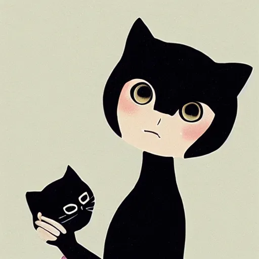 Prompt: girl with black cat, sticker, white background, by rossdraws, ghibli