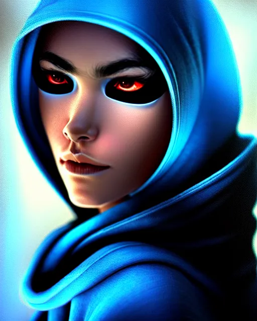 Image similar to ana from overwatch, blue hooded cloak, eye patch, character portrait, portrait, close up, highly detailed, intricate detail, amazing detail, sharp focus, vintage fantasy art, vintage sci - fi art, radiant light, caustics, by boris vallejo