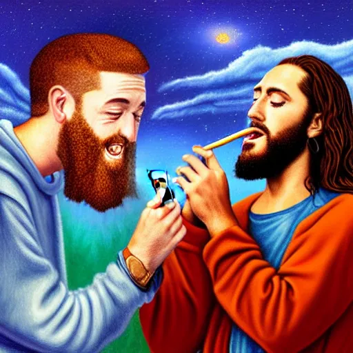 Image similar to an ultra detailed picture portrait of Mac Miller and Jesus smoking a joint in heaven, 8k, photorealistic,