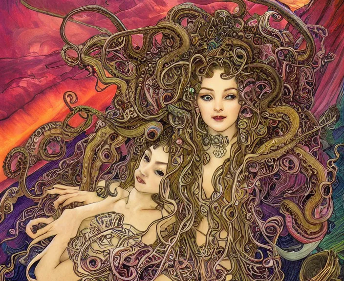 Image similar to portrait of an octopus goddess, full body shot, rule of thirds, wide angle, amazing landscape in background, fantasy, whimsical, horror, art by riot games and chengwei pan and josephine wall and amanda sage and alphonse mucha, intricately detailed, highly detailed, luxurious, elegant, clean, unsettling, trending on artstation