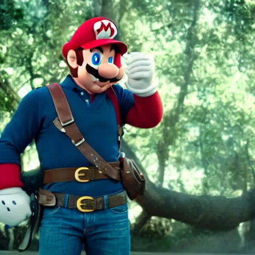 Image similar to chris pratt as mario, move still, cinematic lighting