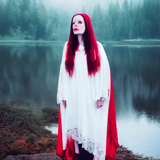 Prompt: a stunning painting of a beautiful lady with white long hair and dressed with a red victorian cloak, standing in a lake, mist, morning light, dreamy atmosphere, cinematic