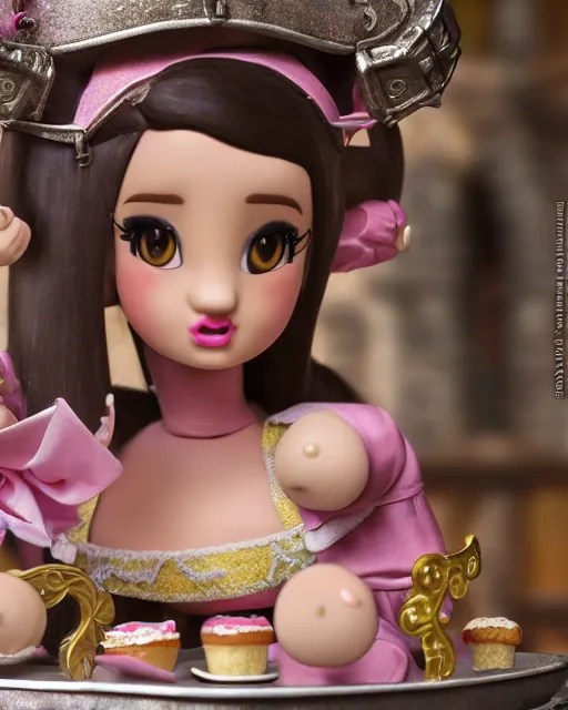Prompt: highly detailed closeup, face profile portrait of a tin toy ariana grande as a medieval girl eating cakes in a castle, bikini, depth of field, nicoletta ceccoli, mark ryden, lostfish, dan decarlo, bob clampett, max fleischer, detailed and intricate environment, 8 k resolution, hyperrealistic, octane render